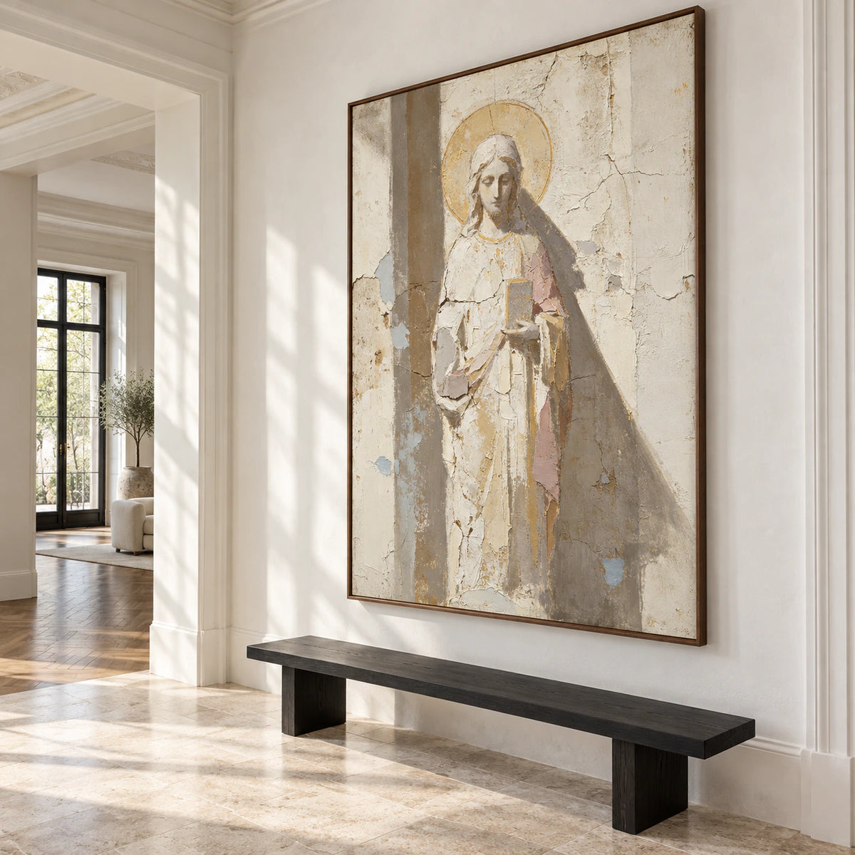 Gallery-scale Hushed-Icon artwork in a bright, spacious foyer.
