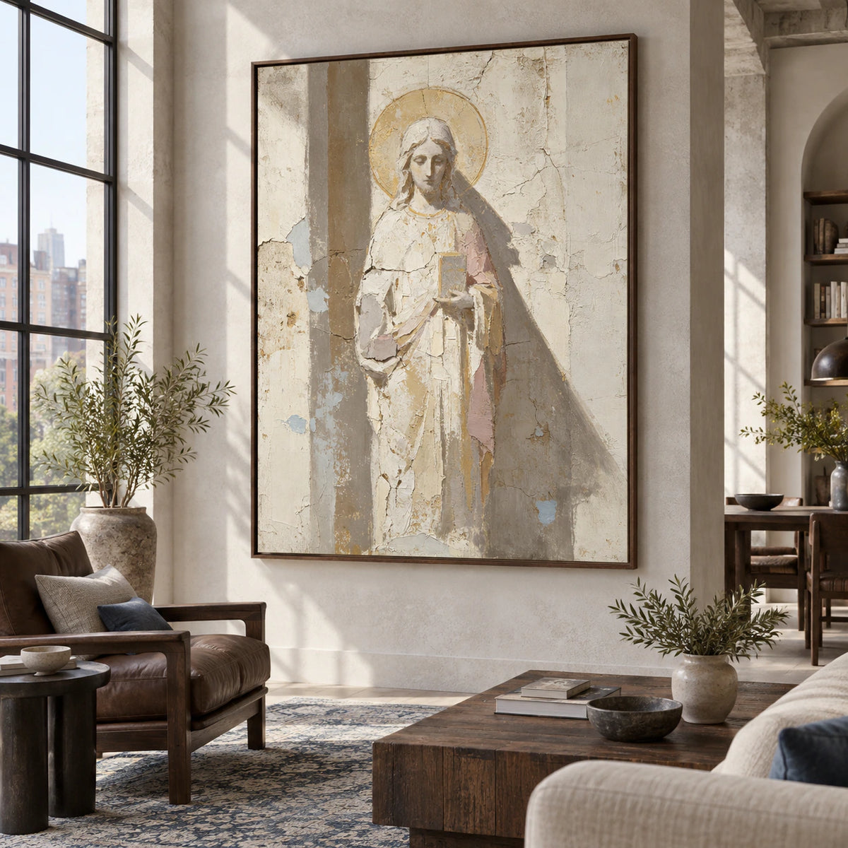 Large Hushed-Icon artwork anchoring an expansive daylight-filled hospitality loft interior.