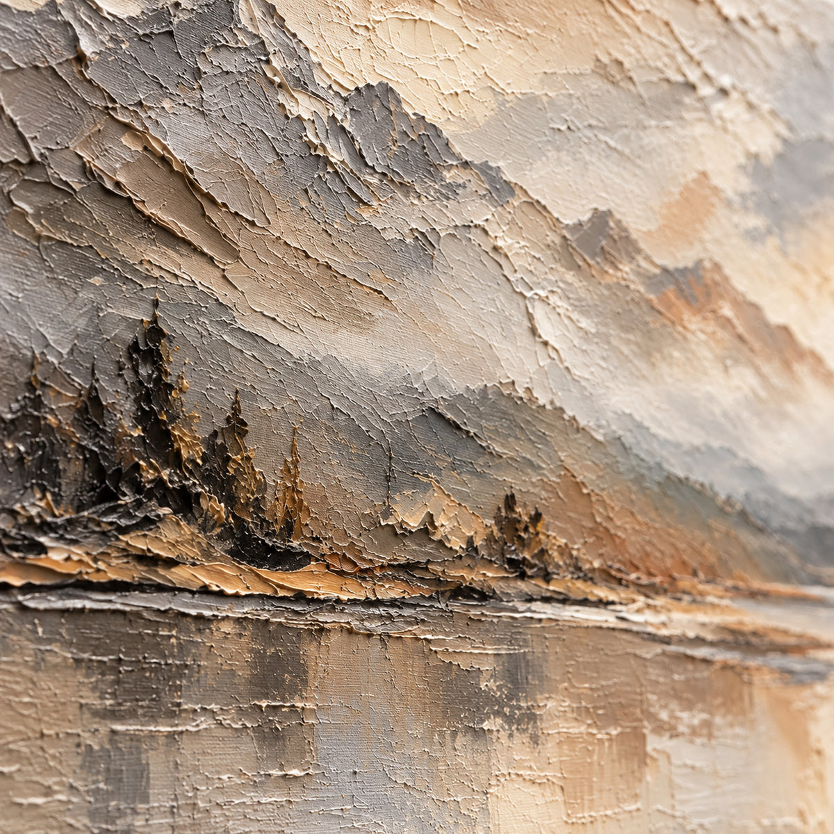 Hushed-Range oil painting brushwork and impasto detail photographed from an oblique side angle