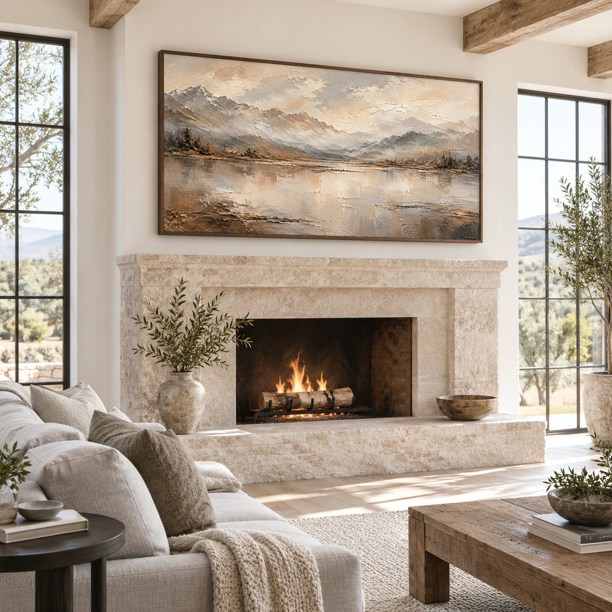 Hushed-Range as the focal point above a pale stone fireplace in a bright contemporary living room.