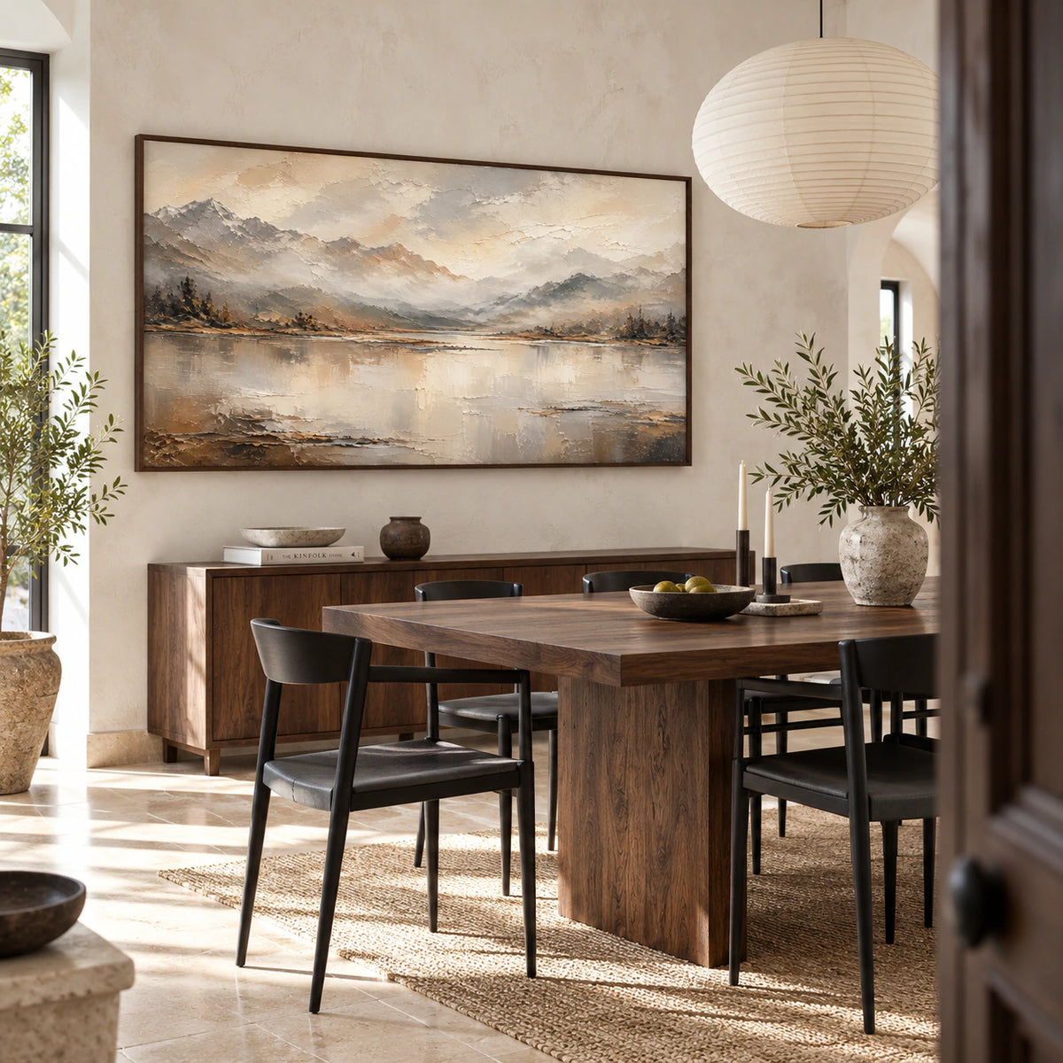 Hushed-Range above a long walnut dining table in a refined daylight-filled dining room.
