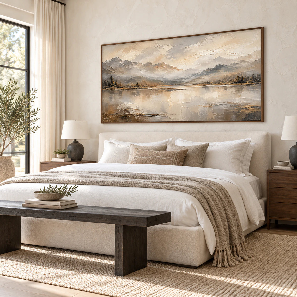 Hushed-Range above a low upholstered bed in a quiet bedroom with soft morning light.