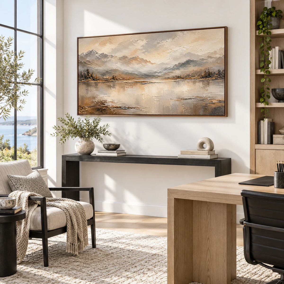 Hushed-Range anchoring an airy reading office with a sculptural desk and open daylight.