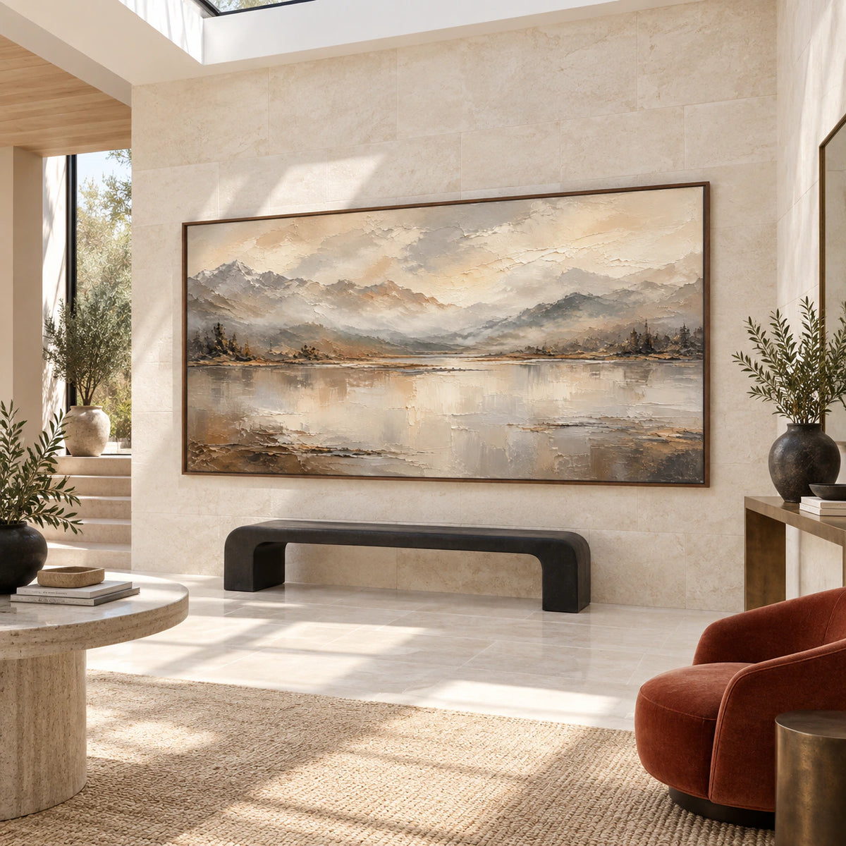 Hushed-Range presented at gallery scale in a high-ceilinged limestone foyer.