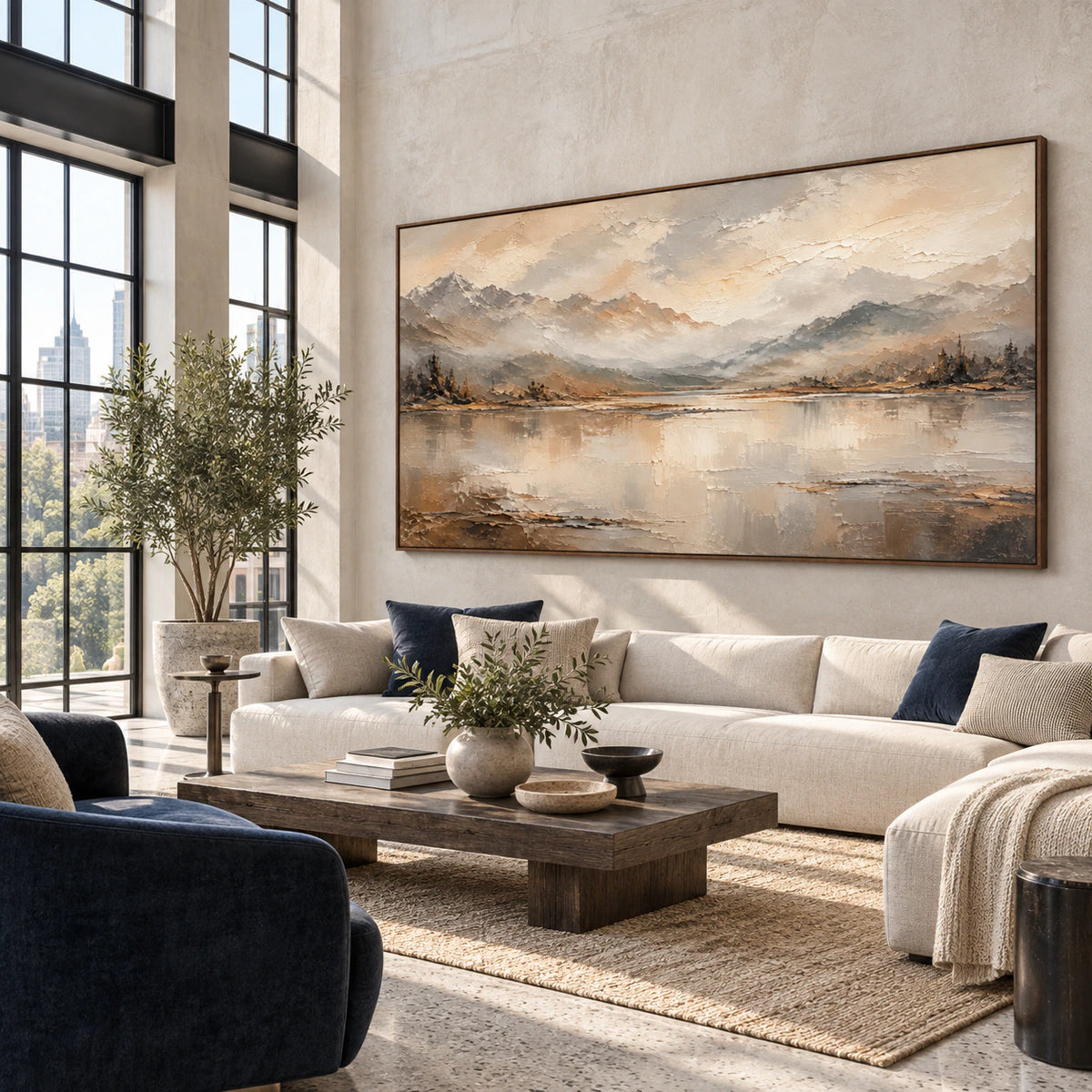 Hushed-Range as a large focal artwork in an expansive sunlit hospitality loft.