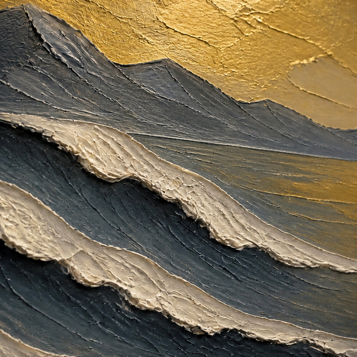 Hushed-Summit oil painting brushwork and impasto detail photographed from an oblique side angle