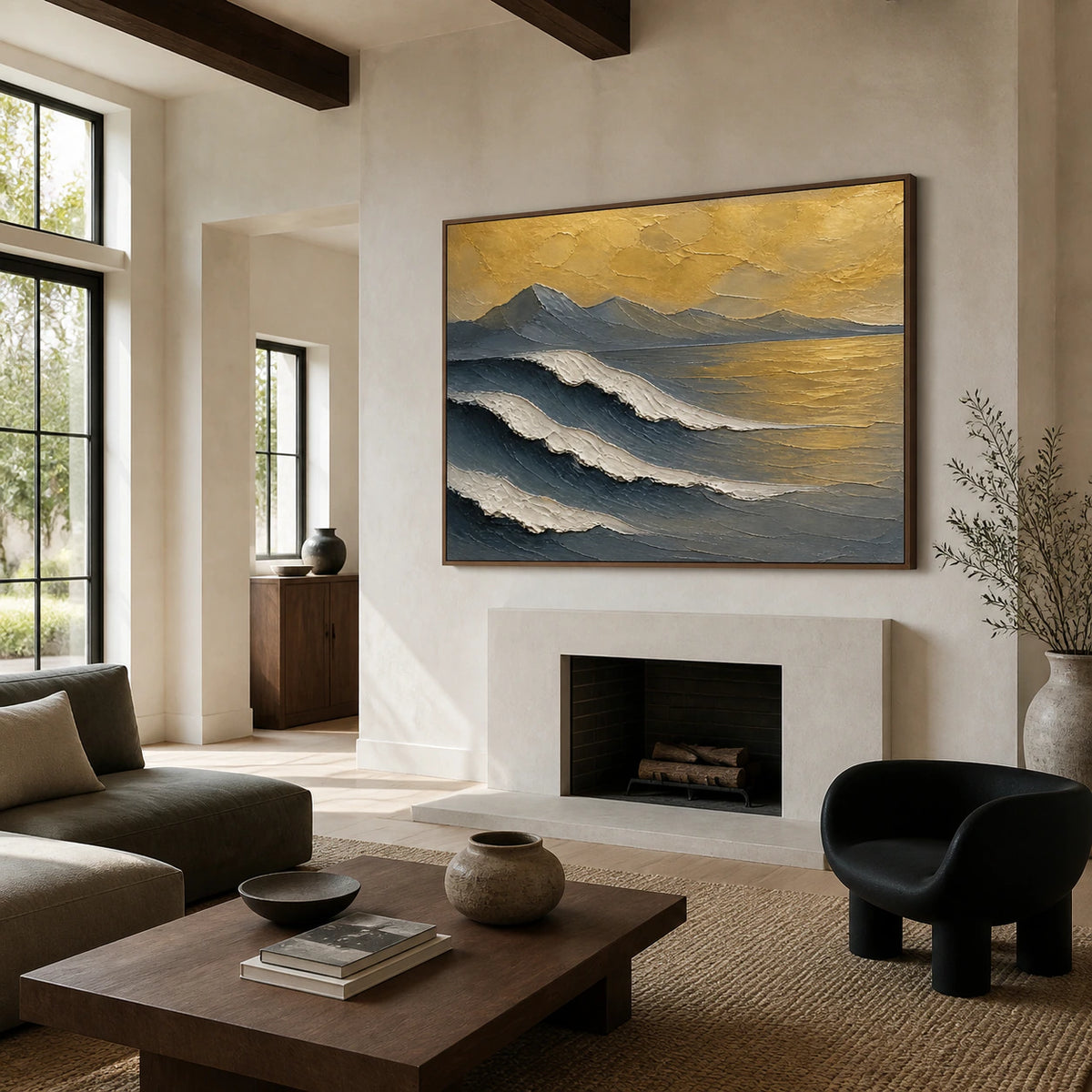 Hushed-Summit above a contemporary living room seating arrangement.
