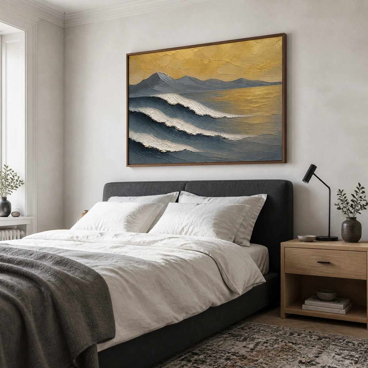 Hushed-Summit as the focal artwork in a quiet bedroom.