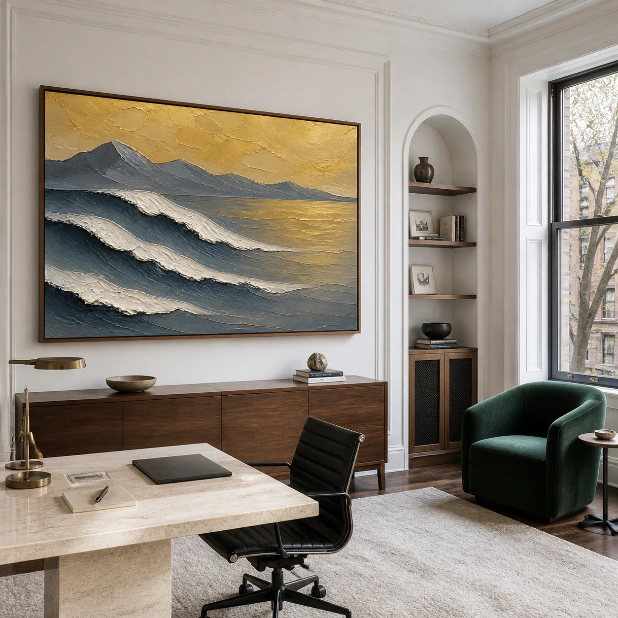 Hushed-Summit in an airy home office reading space.