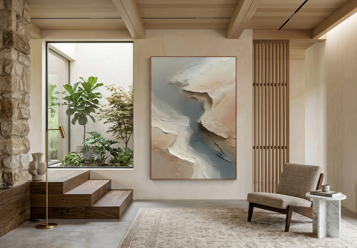 Textured wall art in a quiet, sunlit interior