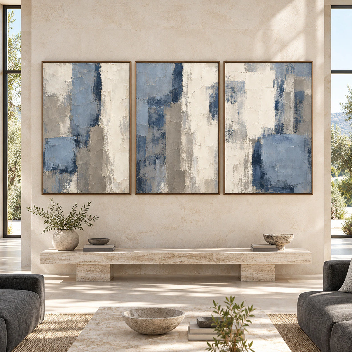 Large straight-on interior view of the Indigo-Parcel triptych in slim walnut frames.