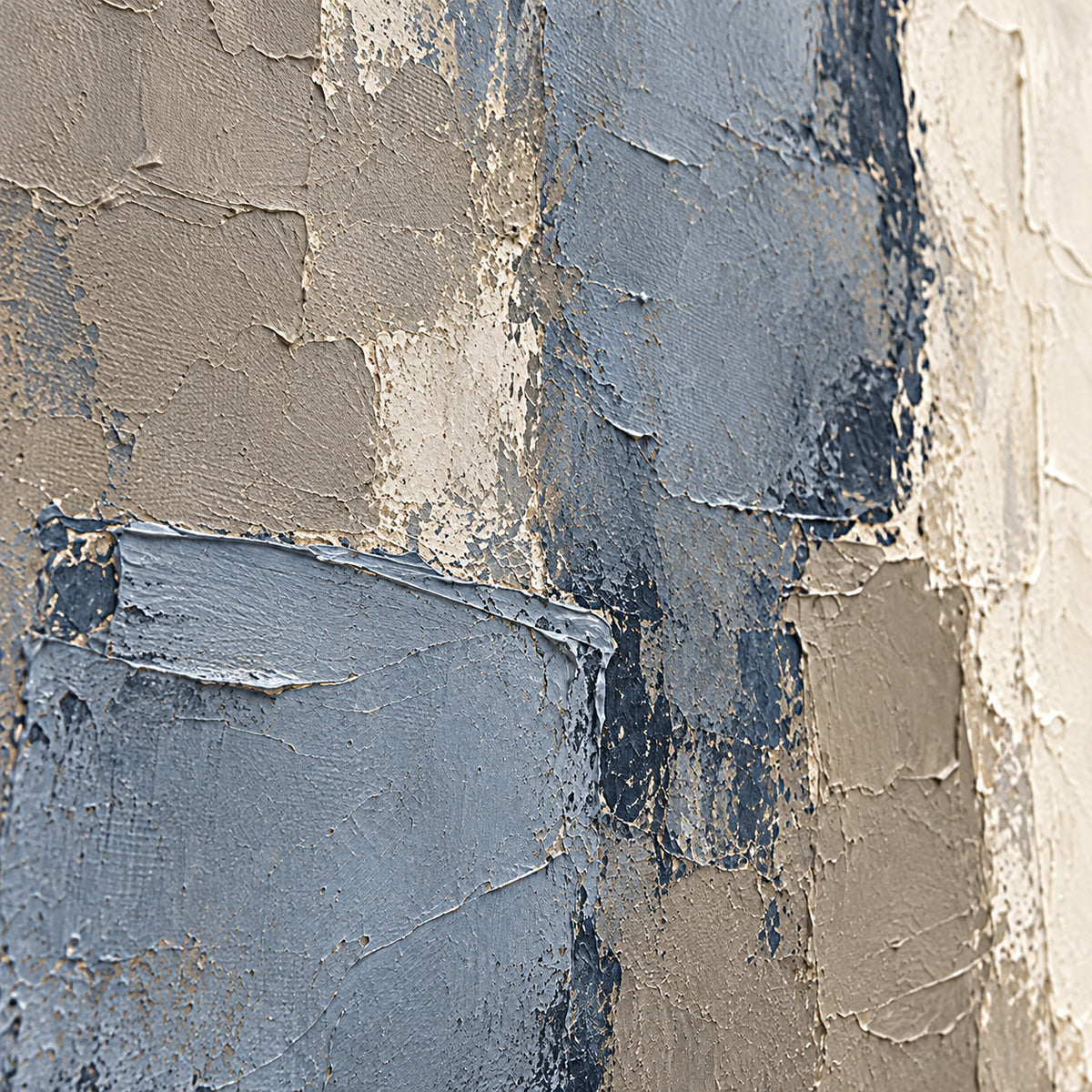Indigo-Parcel oil painting brushwork and impasto detail photographed from an oblique side angle