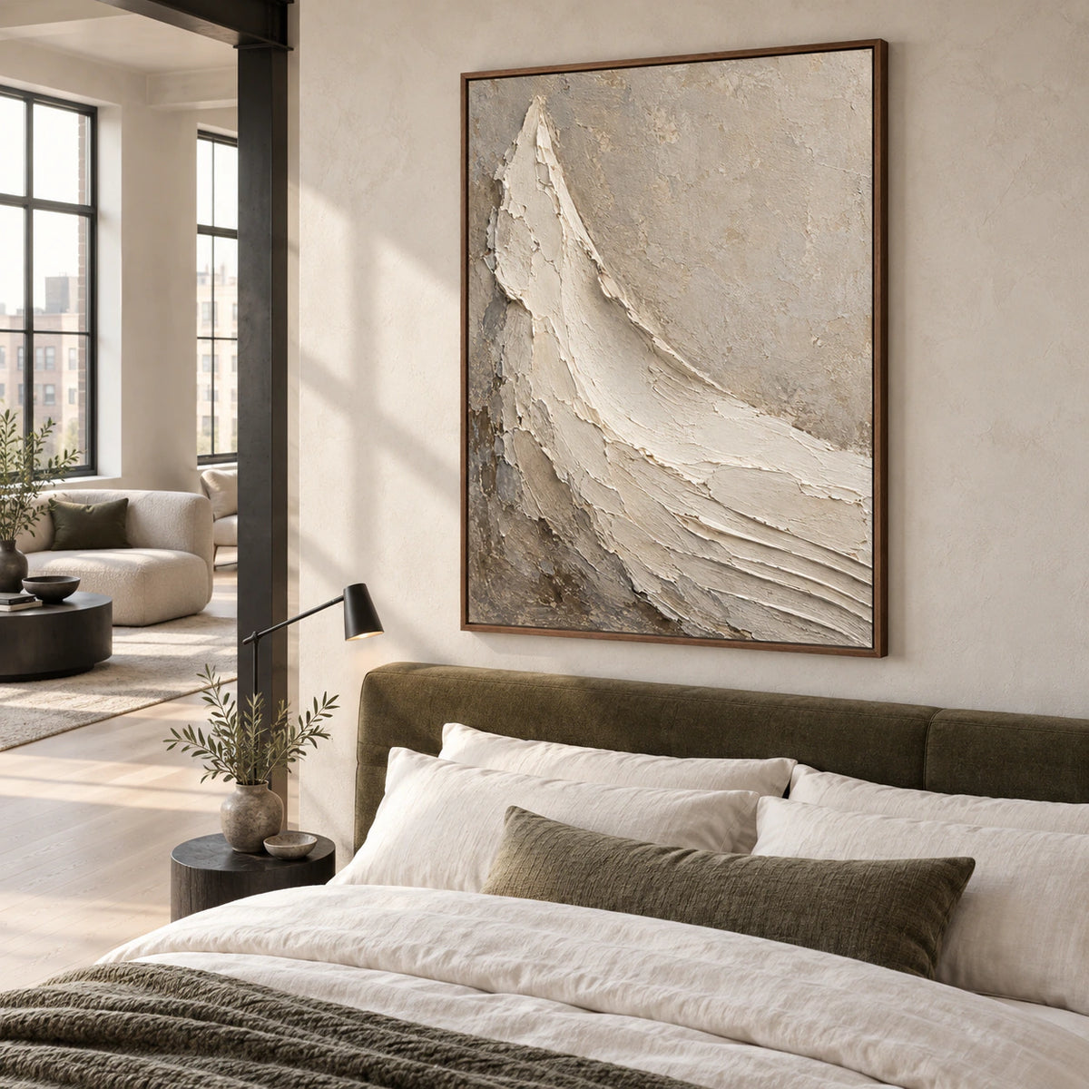 Ivory-Arc as a calm sculptural focal point in a quiet bedroom.