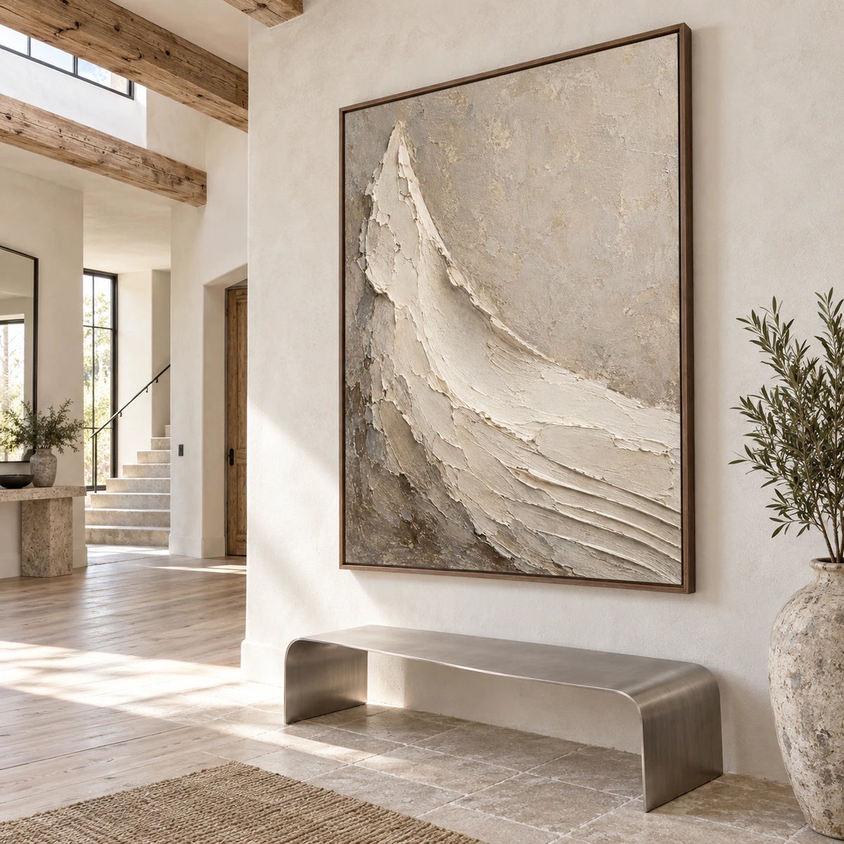 Ivory-Arc presented as a gallery-scale work in a bright foyer.