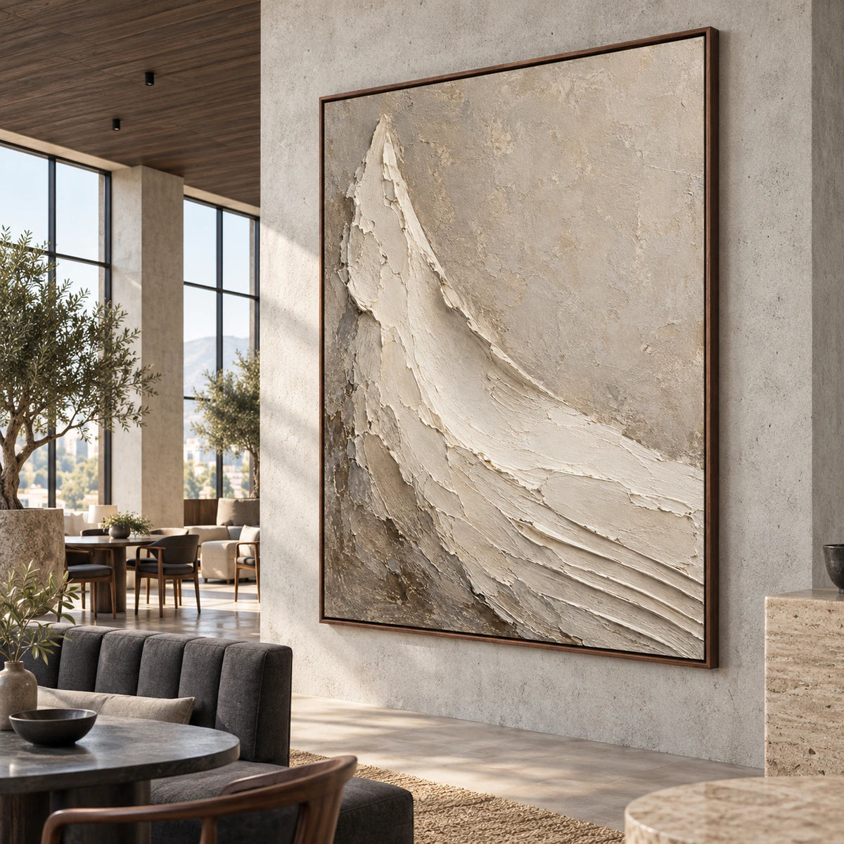 Ivory-Arc as a large statement artwork in an expansive loft hospitality interior.