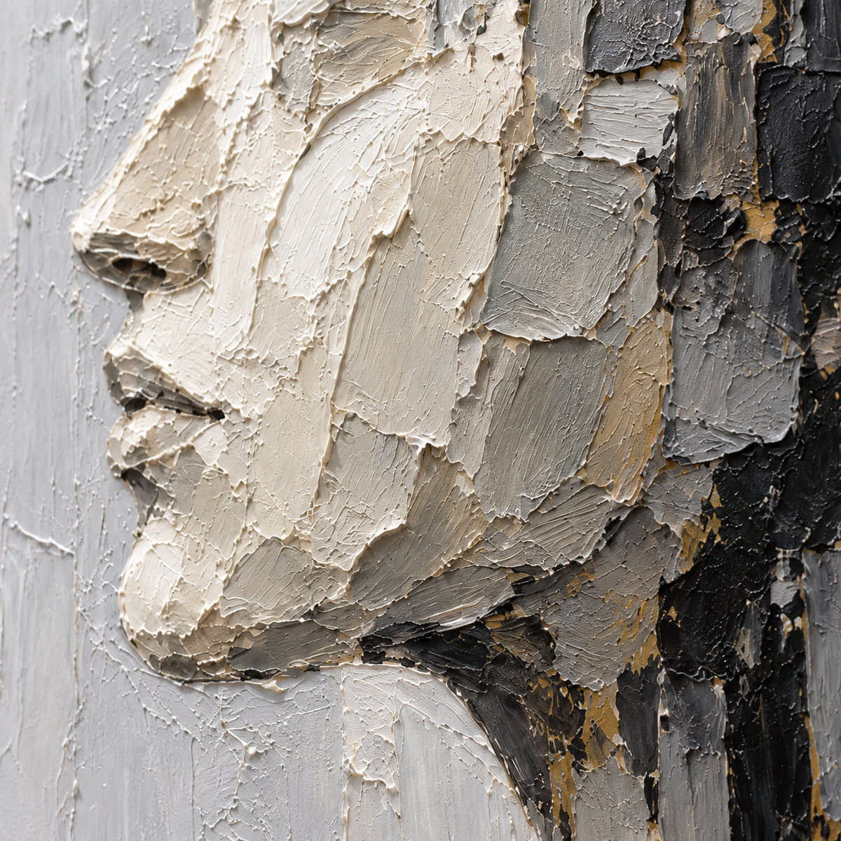 Oblique close-up of the oil painting’s raised strokes, broken edges and ivory, gray, charcoal and ochre areas, with grazing light revealing the surface texture.