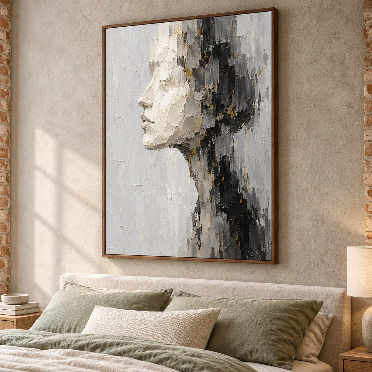Vertical ivory profile painting above a low bed with muted sage linens and pale oak details, viewed slightly from the left near bed height in soft morning daylight.
