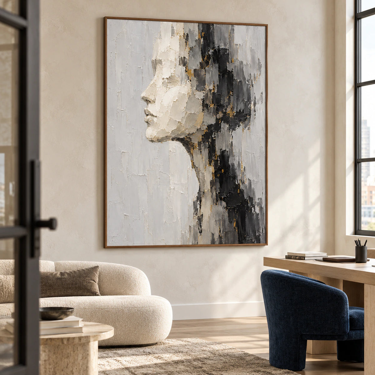 Vertical ivory profile painting in an airy office and reading space with a light-toned desk and deep blue chair, viewed from the right and slightly above in natural daylight.