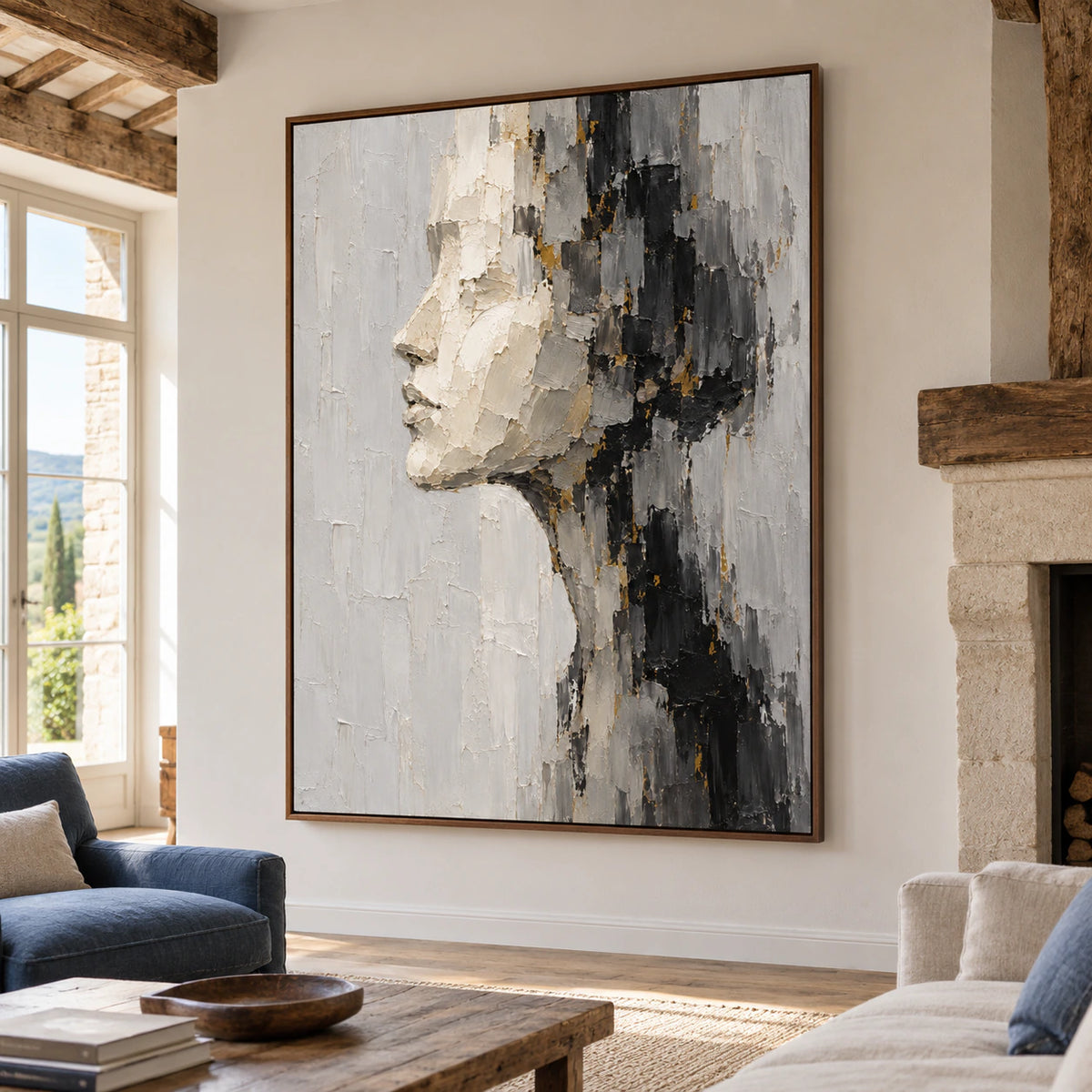 Large vertical ivory profile painting in a spacious lounge with tall windows, walnut furniture and a muted blue chair, viewed from the right at a distance in natural daylight.