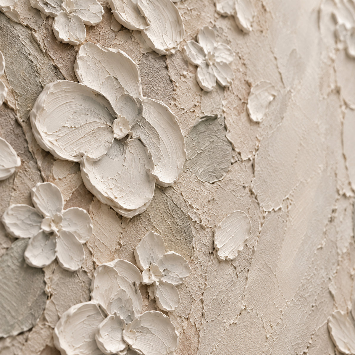 Ivory-Bloom oil painting brushwork and impasto detail photographed from an oblique side angle