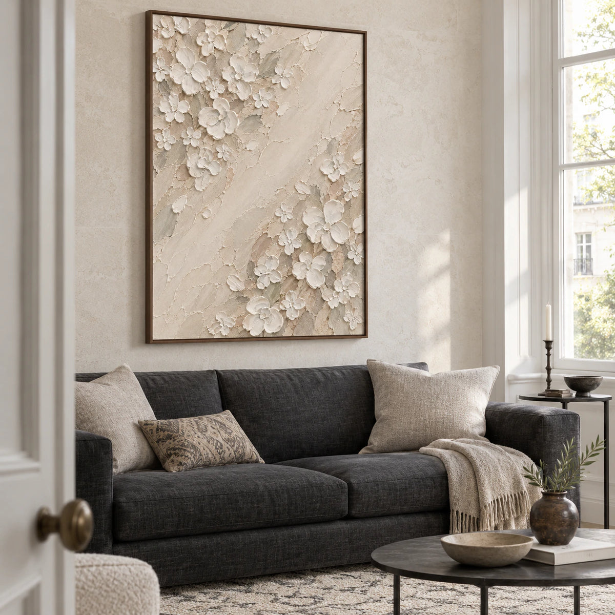 Ivory-Bloom as the focal artwork in a bright contemporary living room.