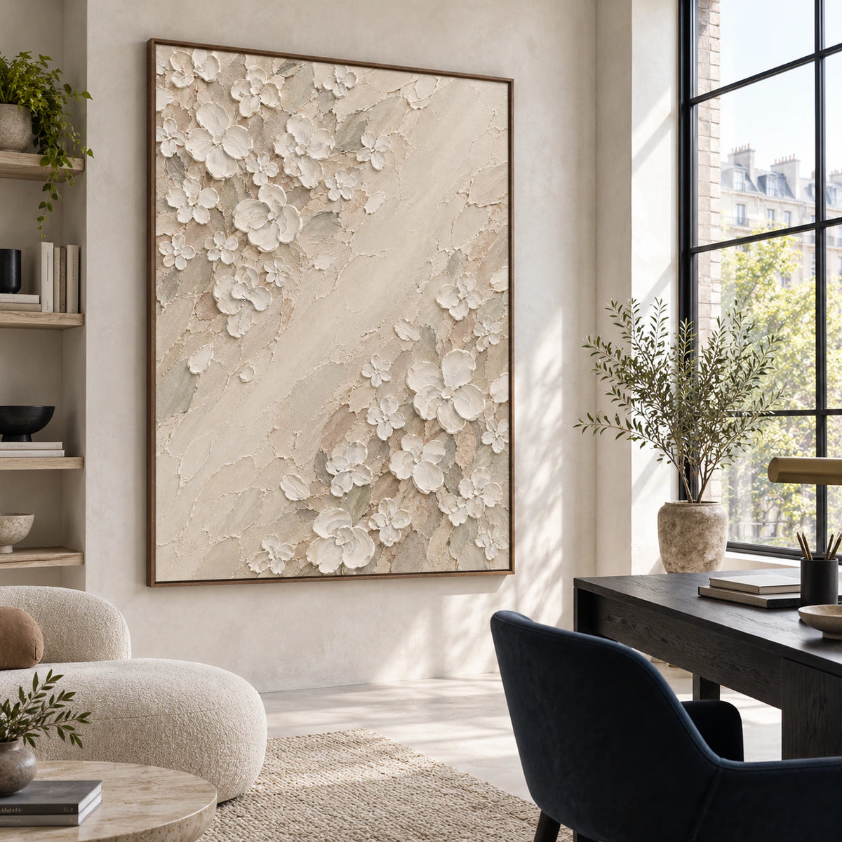 Ivory-Bloom as a large focal point in an airy home office reading space.