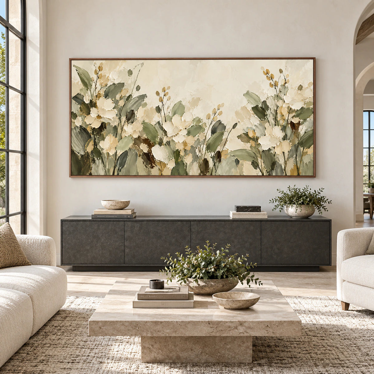 Wide ivory and olive floral painting viewed straight-on above a low console in a bright living room with charcoal and pale stone furnishings.
