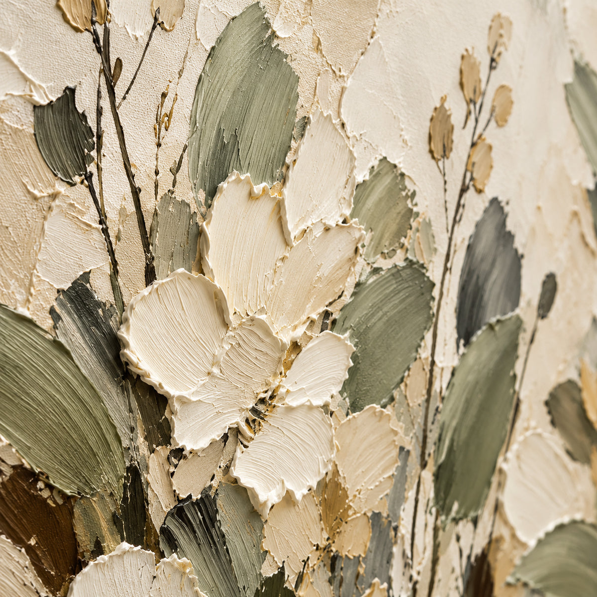 Oblique close-up of the floral oil painting, with grazing light revealing raised brushstrokes, surface texture and subtle color transitions.