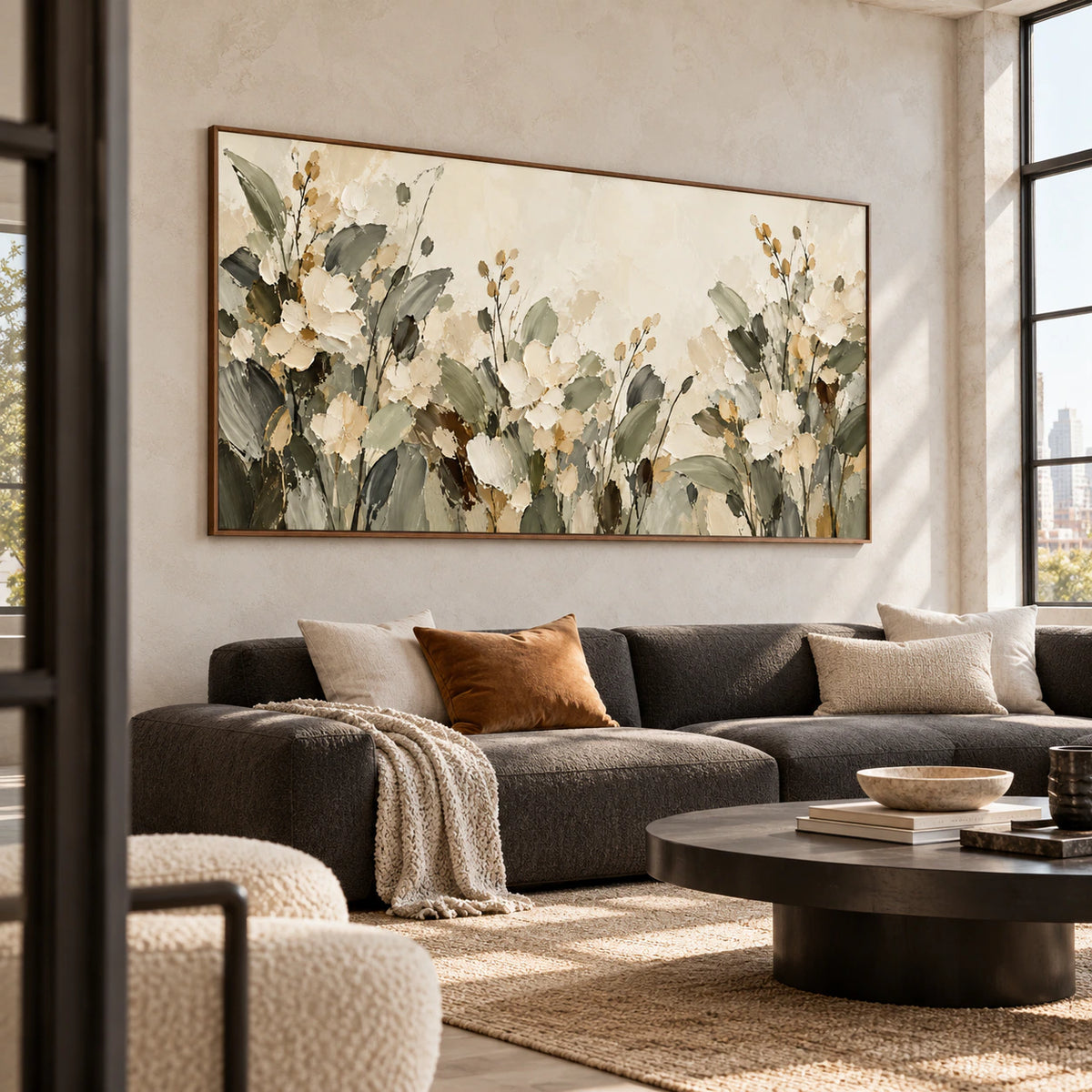 Ivory and olive floral painting viewed from the left above a low charcoal sofa, with broad windows, a pale limestone wall and a dark table.