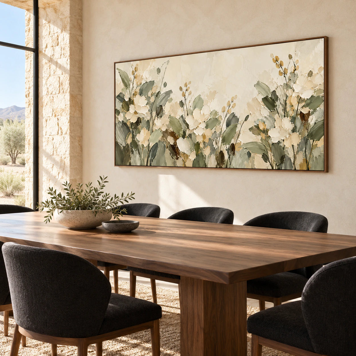 Wide floral painting viewed from the right in a sunlit dining room with a walnut table, sculptural black chairs, a plaster wall and a tall window.