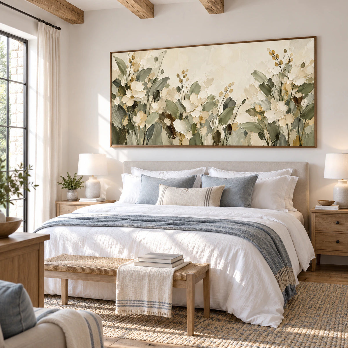Ivory and olive floral painting above a bed, viewed from the left near the doorway, with white linen, pale oak furniture and a blue-gray accent.