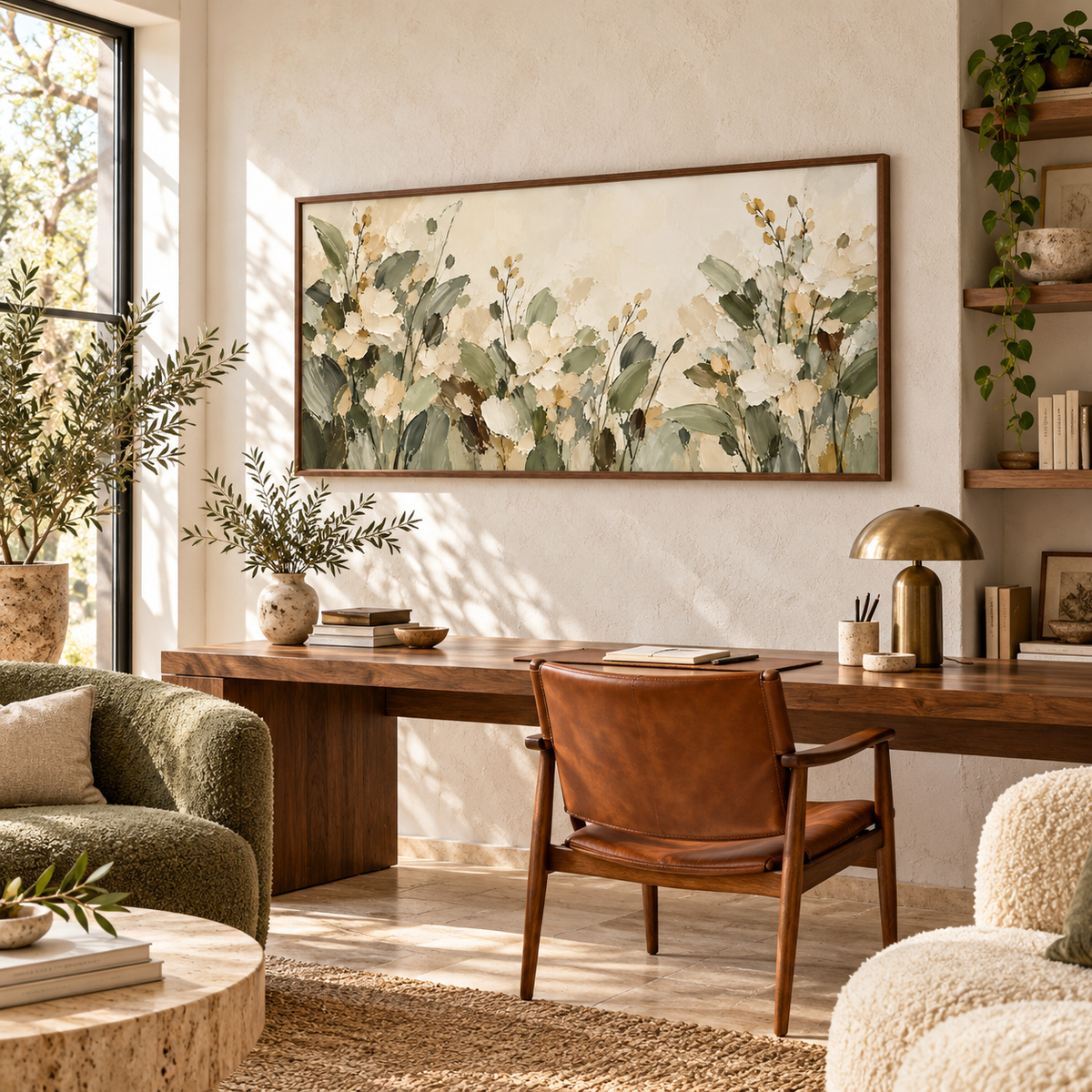 Wide floral painting viewed from the right in a bright home office with a slender black desk, leather reading chair, open shelves and a large side window.