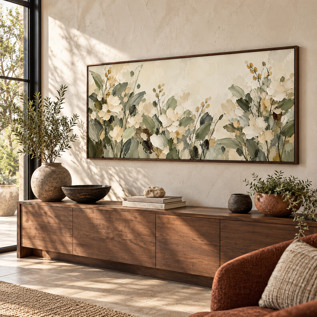 Wide ivory and olive floral painting viewed nearly front-on from a distance in a spacious foyer with tall pale stone walls and broad entry glazing.