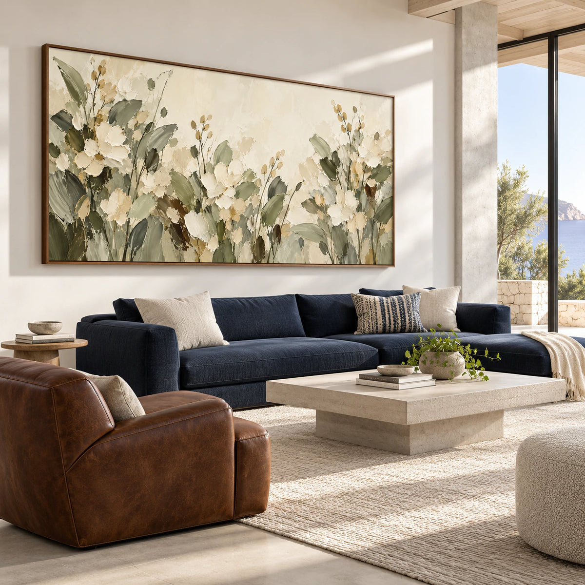 Wide floral painting viewed from the right across a loft lounge with concrete and glass architecture, deep navy seating and a pale rug.