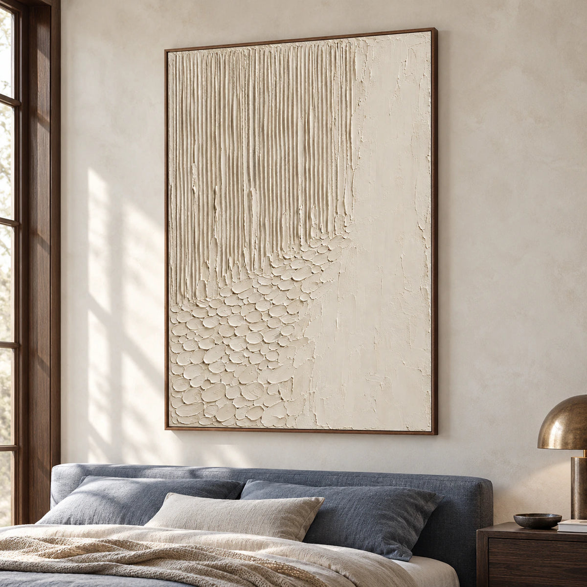 Ivory-Cascade oil painting above a bed with slate-blue bedding, beside a dark bedside table against a pale gray wall, viewed from the left.