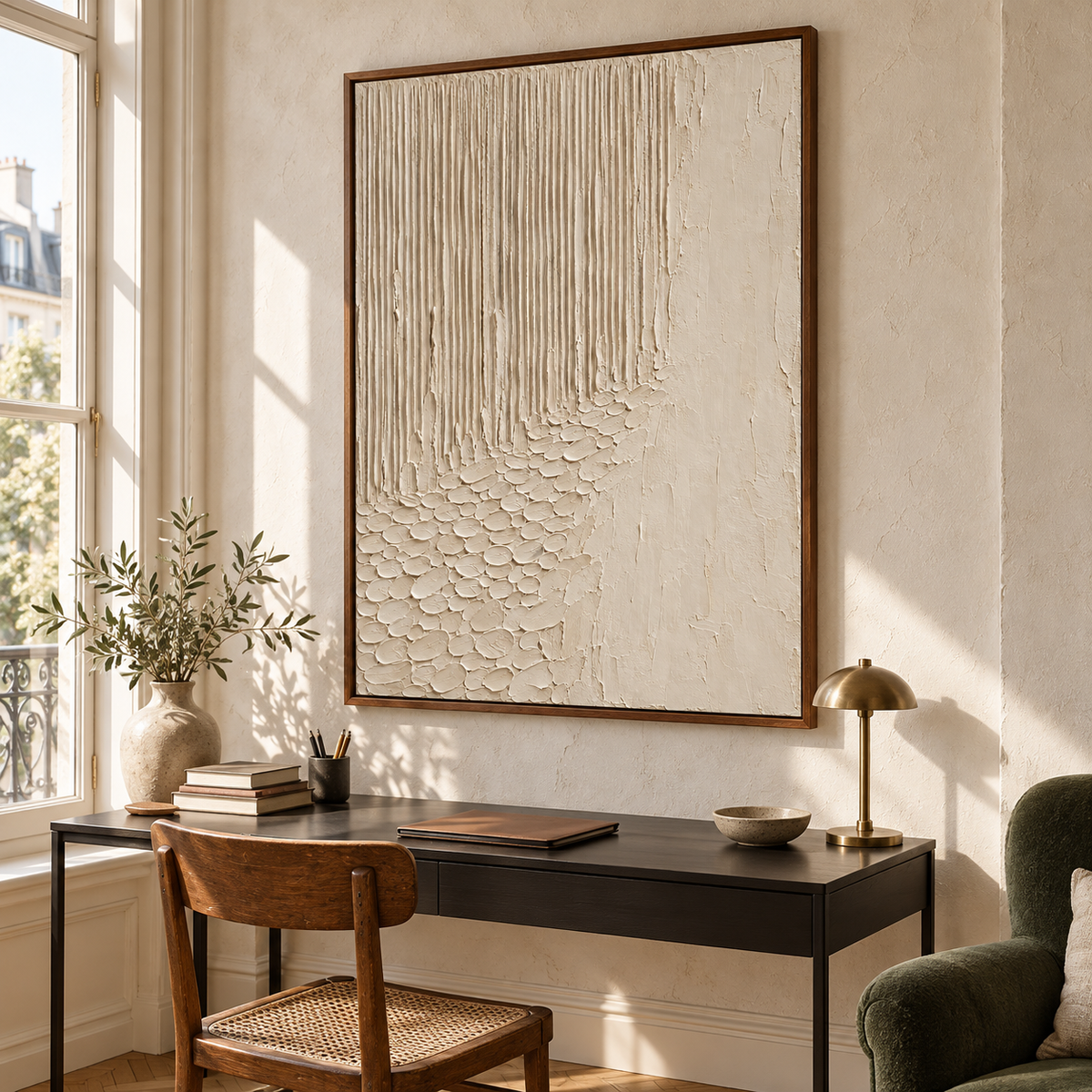 Ivory-Cascade oil painting above a slim black desk in a daylit home office with a muted forest-green reading chair, viewed from the right.