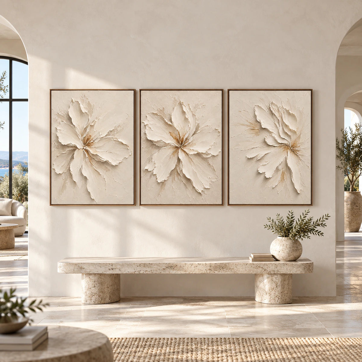 Large straight-on gallery view of the Ivory-Corolla triptych in slim walnut frames.