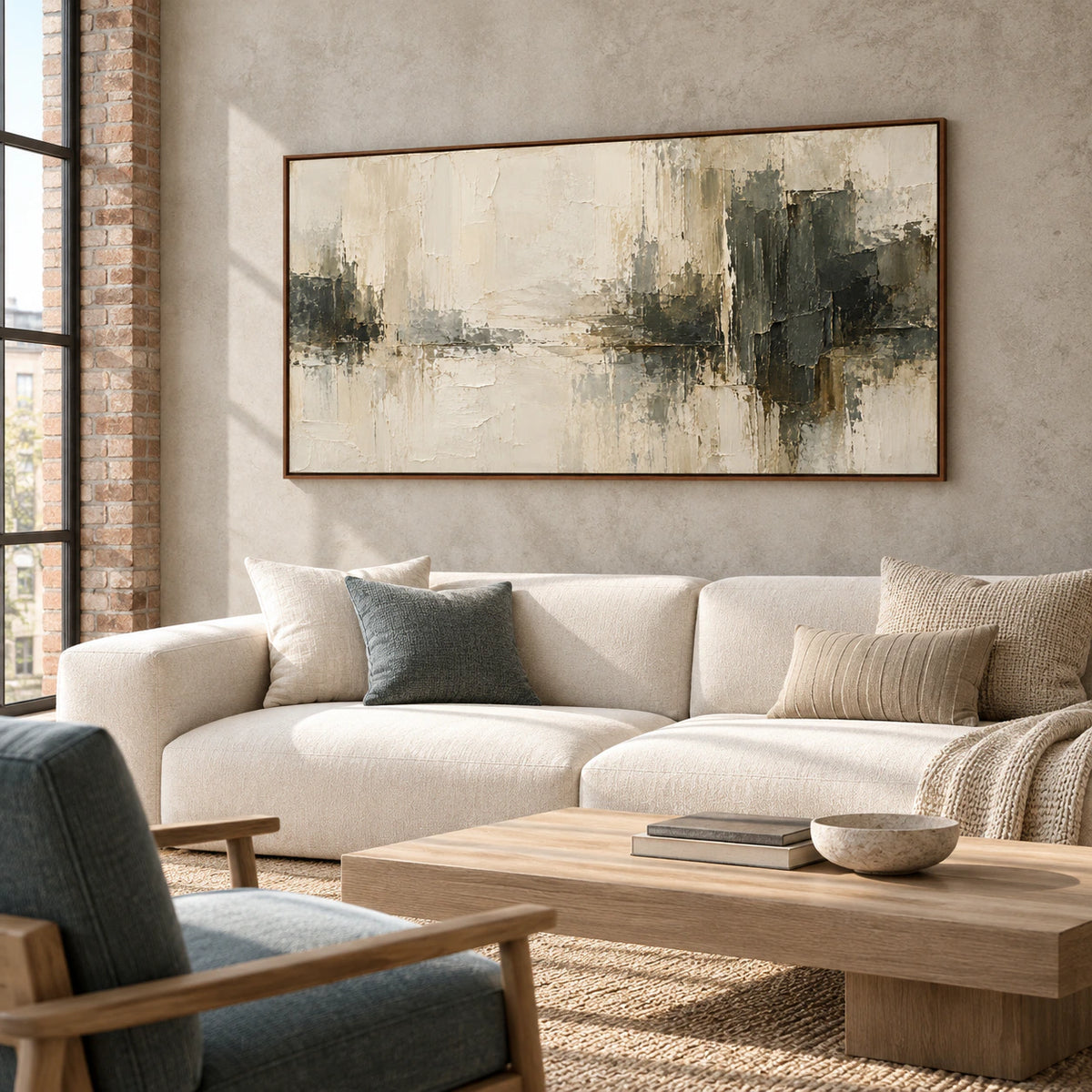 Ivory-Divide above a low warm-white sofa, viewed from the left, with pale oak furnishings and a muted blue-green accent chair.