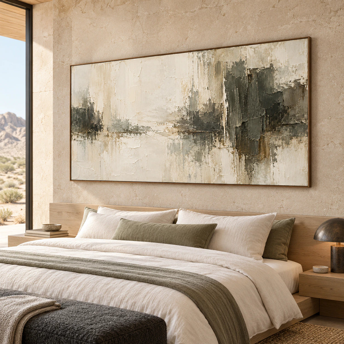Ivory-Divide above a low pale timber bed with white bedding and muted sage accents, viewed from an elevated left angle.