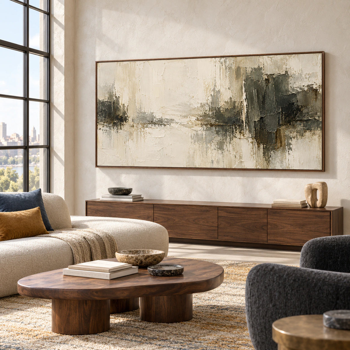 Ivory-Divide in a spacious loft with tall steel-framed windows, charcoal seating and ochre and blue accents, viewed from the right.