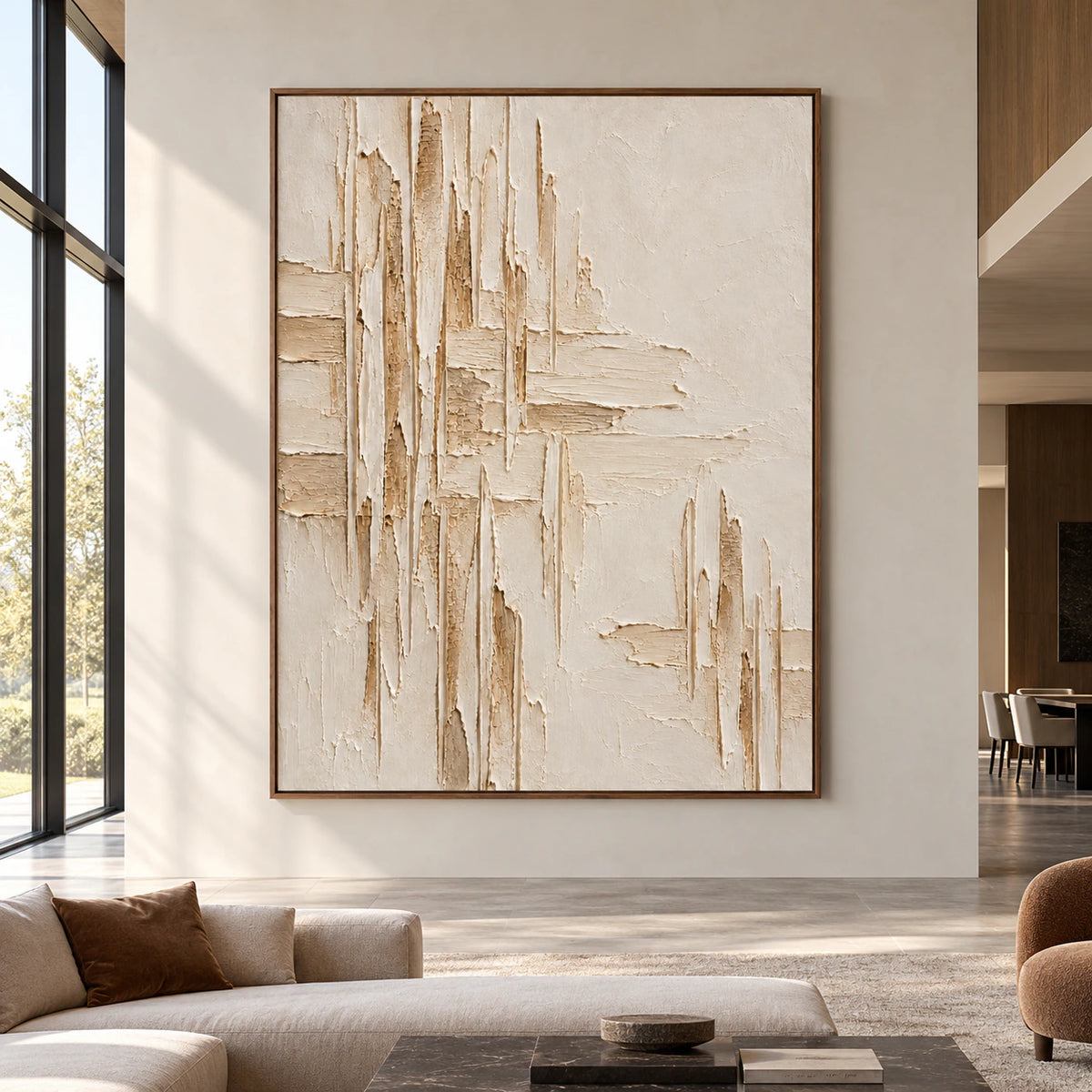 Large vertical ivory textured painting viewed straight on against a spacious architectural wall, with contrasting furnishings in natural daylight.