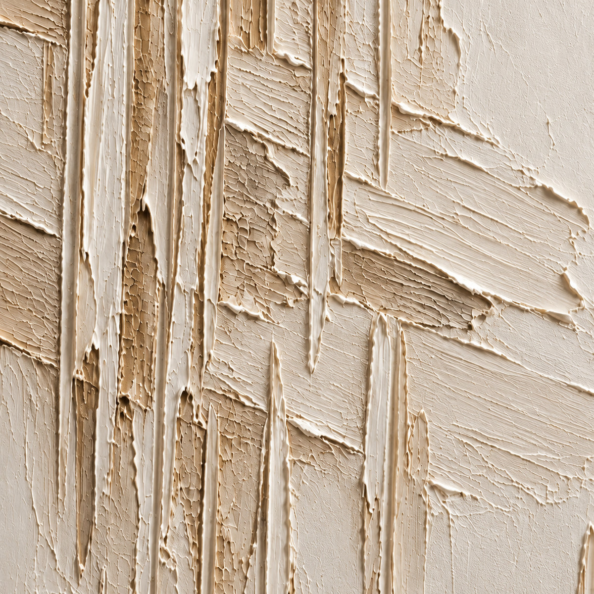Close oblique detail of ivory and beige oil paint ridges and scraped grooves, with grazing light revealing raised edges and shallow shadows.