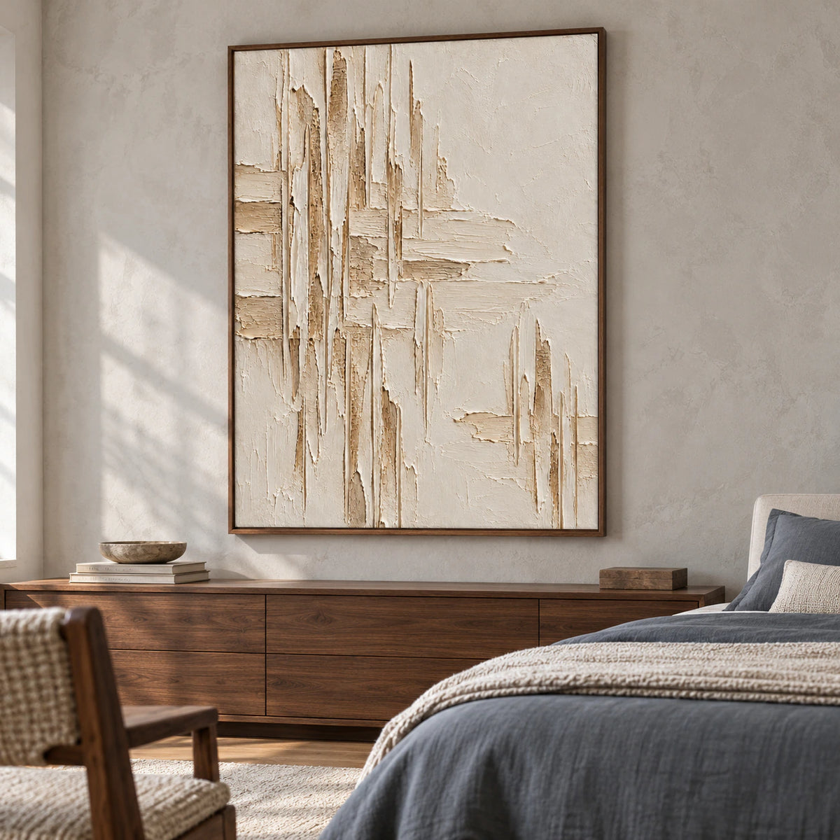 Vertical ivory textured painting above a wooden dresser beside a low bed with muted slate bedding, viewed from a low left angle in morning daylight.