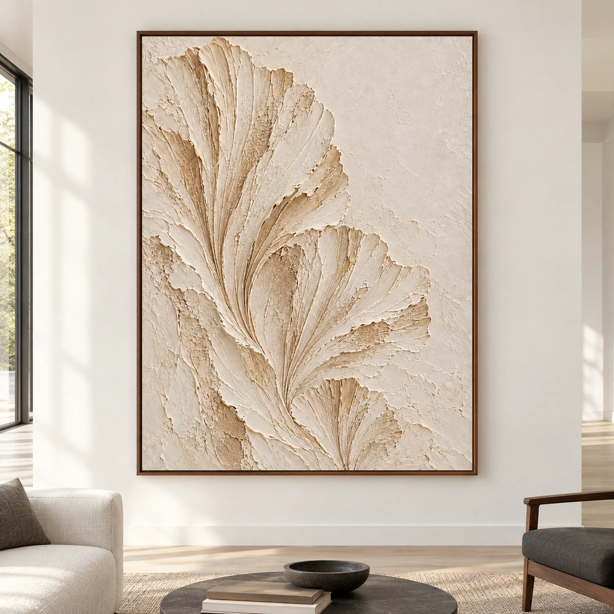 Large vertical ivory fan composition displayed straight-on in an open contemporary living room.