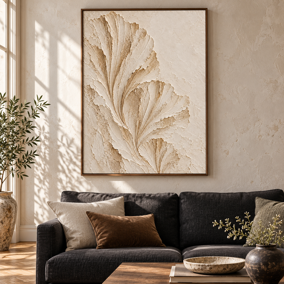Ivory fan artwork above a low charcoal sofa in a bright living room with pale plaster walls.