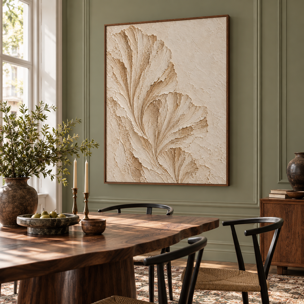 Large ivory fan artwork in a refined dining room with a dark walnut table and daylight from tall windows.