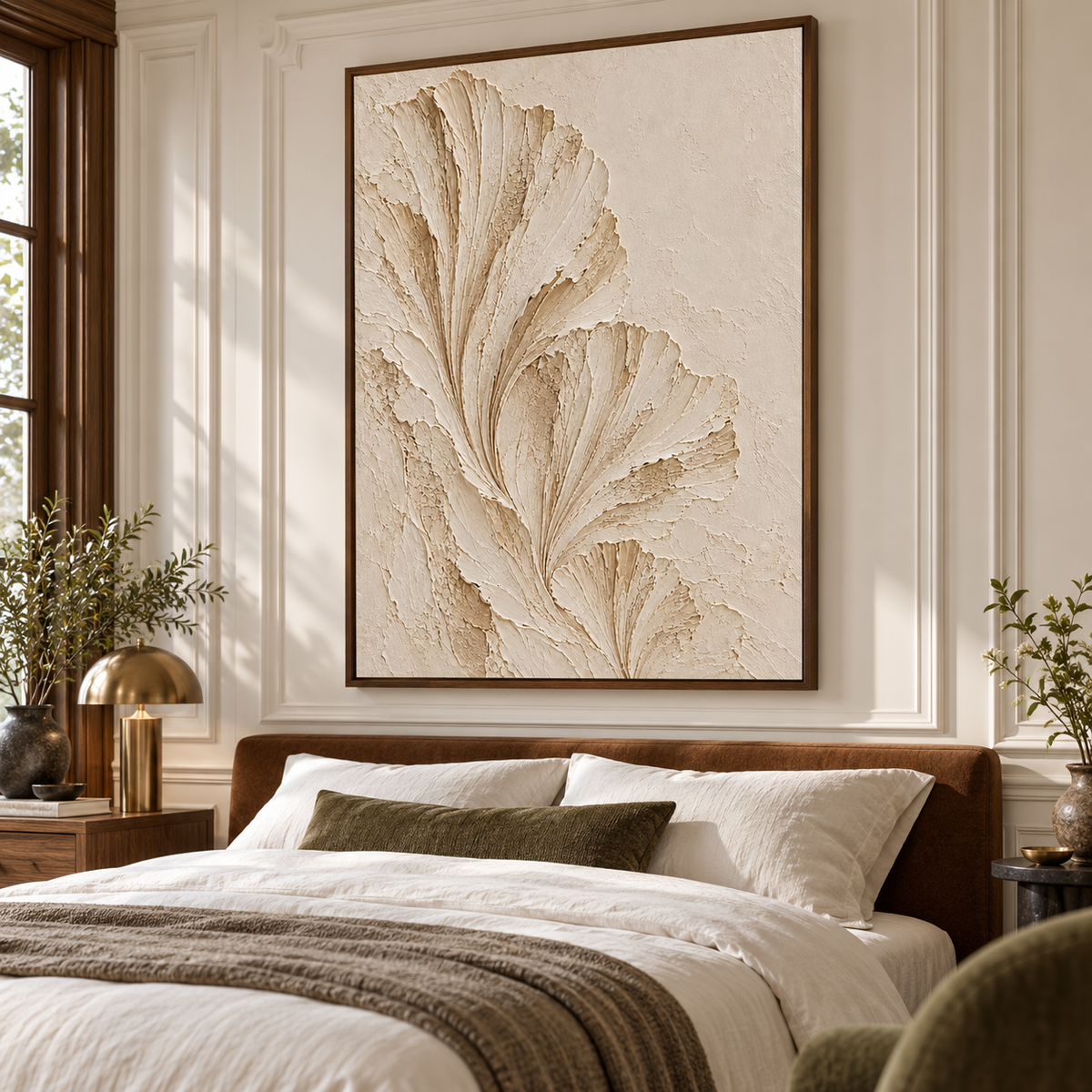 Ivory fan artwork above a simple bed in a quiet, light-filled bedroom with restrained linen bedding.