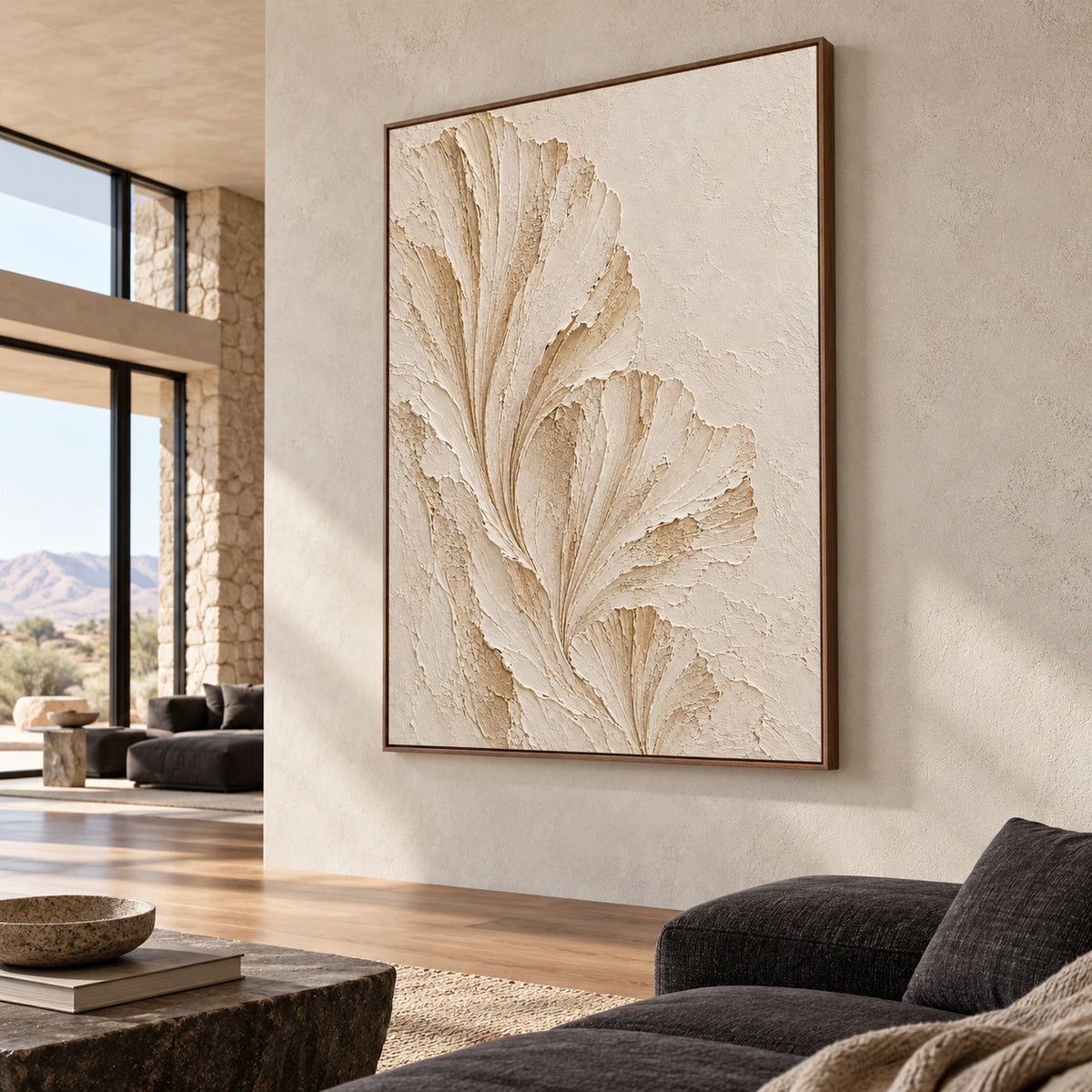Ivory fan artwork at scale in an expansive loft interior with tall windows and understated furnishings.