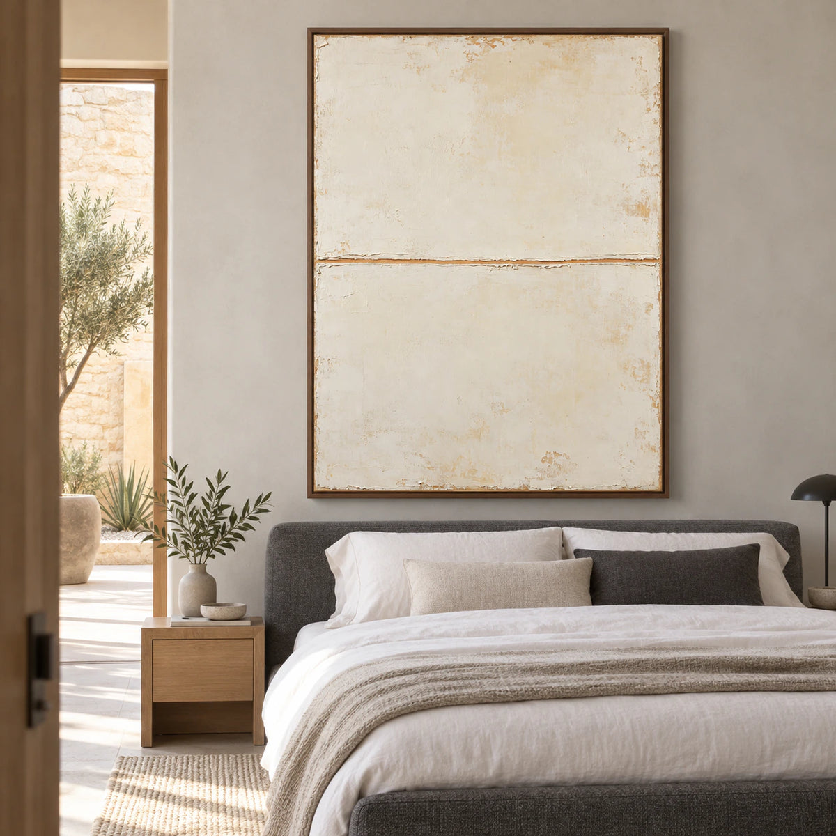Quiet-Threshold as a calm focal point in a quiet bedroom.