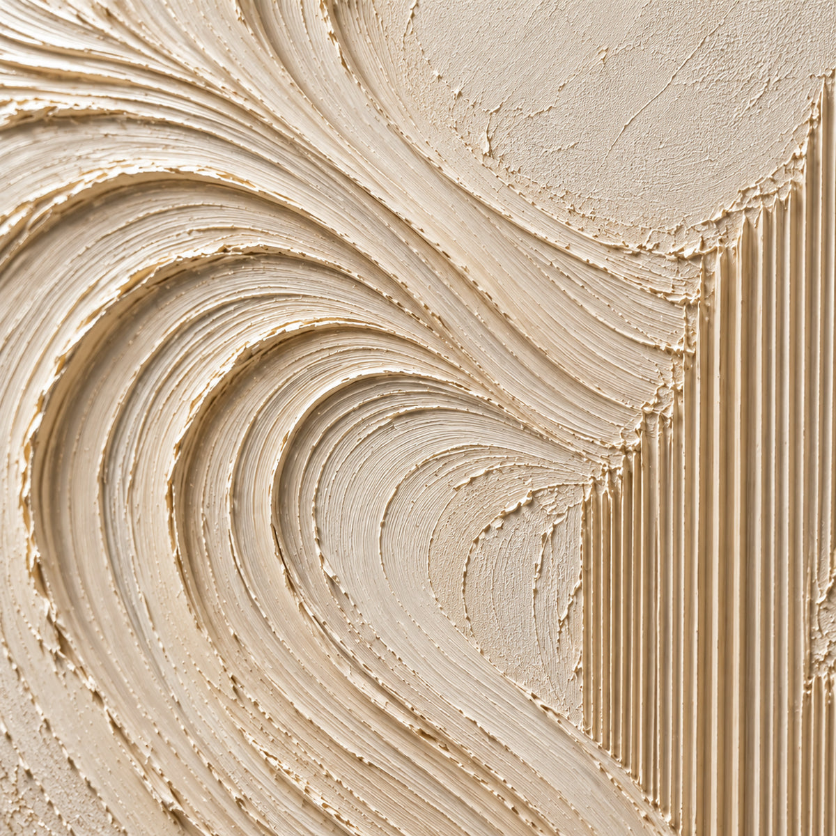 Close detail of the ivory oil painting from an oblique side angle, with grazing light revealing raised curved ridges, fine grooves and shallow shadows.